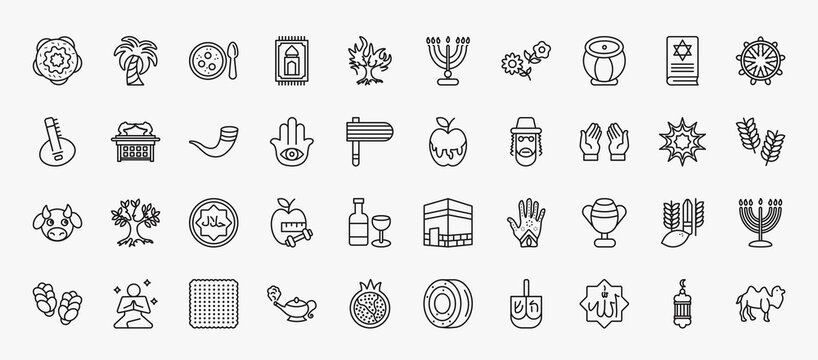 set of 40 religion icons in outline style. thin line icons such as jewish bagels, matzo ball soup, tablas, dharma, shofar, and honey, dua hands, halal, laver of washing, matzo, allah word, islamic