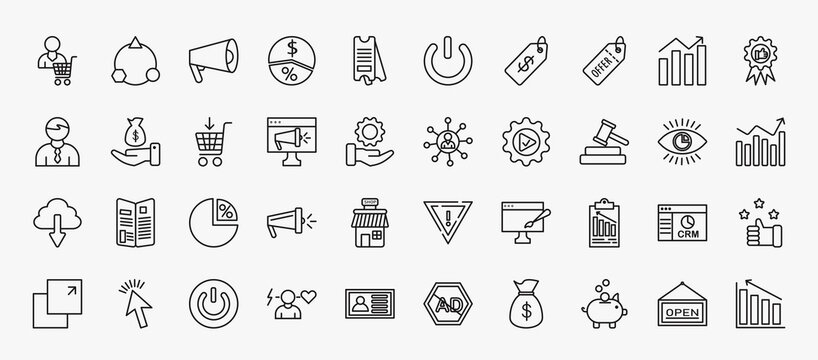 set of 40 marketing icons in outline style. thin line icons such as consumer, promote, offer, recommendation, buying, affiliate, bid, ratio, result, on, pig bank, open editable vector.