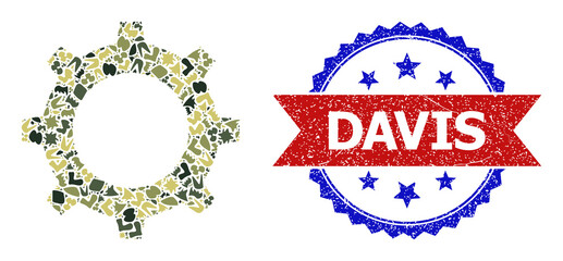 Military camouflage collage of gear icon, and bicolor unclean Davis watermark. Vector watermark with Davis text inside red ribbon and blue rosette, corroded bicolored style.