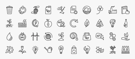 set of 40 ecology icons in outline style. thin line icons such as dust bin, save the earth, shamrock, and books, renewable energy, reload, christmas trees, wind mill, seeds, eco light, eco cell, - obrazy, fototapety, plakaty