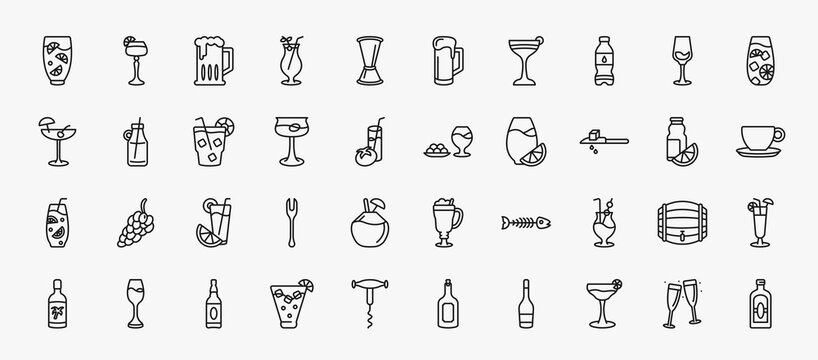 set of 40 drinks icons in outline style. thin line icons such as lemon juice, brewery, water jug, tom collins, cuba libre, ham, drip, greyhound drink, mai thai, alcohol, cosmopolitan, toast editable