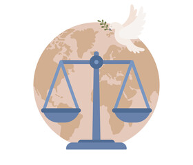 World Social justice day. Human rights concept. Tolerance and respect. Scales, globe and dove as symbols of equality, freedom and love. Vector flat illustration 