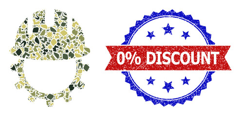 Military camouflage mosaic of mechanics engineering icon, and bicolor dirty 0% Discount seal. Vector seal with 0% Discount title inside red ribbon and blue rosette, distress bicolored style.