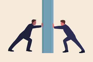 Businessmen are pushing a big wall from different sides. Flat design vector illustration