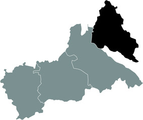 Black flat blank highlighted location map of the ZOLOTONOSHA RAION inside gray raions map of the Ukrainian administrative area of Cherkasy Oblast, Ukraine