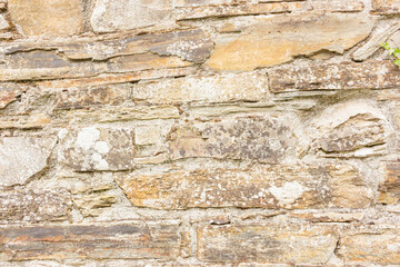 Closeup, rustic natural stone wall as background, textures, concepts, copy space.