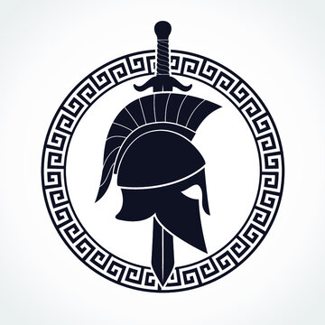 silhouette spartan theme logo with helmet sword and shield
