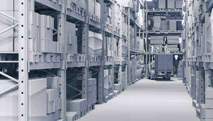 interior of a warehouse with forklift and shelves.
