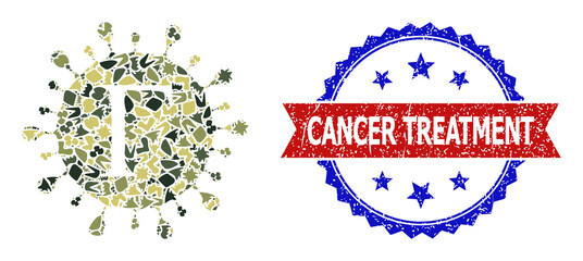 Military camouflage mosaic of Gamma coronavirus icon, and bicolor rubber Cancer Treatment stamp. Vector watermark with Cancer Treatment caption inside red ribbon and blue rosette,