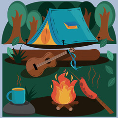 Tourism in the forest. Campfire, grilled sausage, guitar, cup of hot tea, tent. Family weekend. Holidays in the forest. Summer rest. 