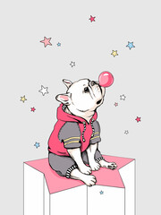 Сute french bulldog puppy with bubble gum. Image for printing on any surface