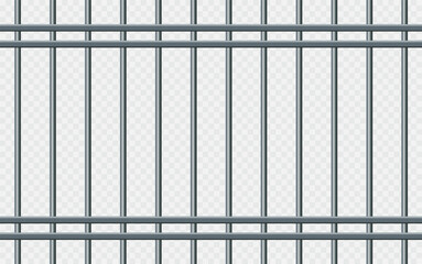 Vector illustration iron prison bars isolated on transparent background. Metal rods seamless pattern. Steel jail cell bars backdrop. Realistic prison grid background.