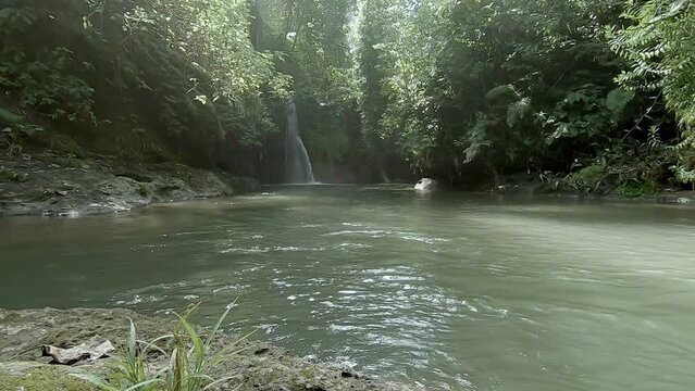 cam river a a deep jungle valley with a waterfall in the background