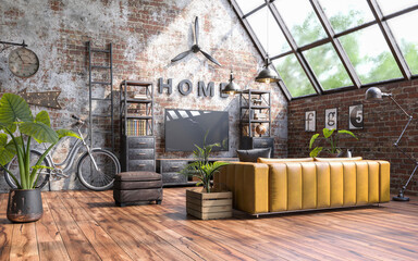 Industrial style of interior design with grunge walls, loft style, 3d render	