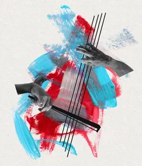 Gordijnen Contemporary art collage. Concept of music lifestyle, creativity, inspiration, imagination, ad. Musical instruments on bright background © master1305
