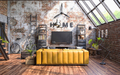 Industrial style of interior design with grunge walls, loft style, 3d render	