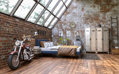 Industrial style of interior design with grunge walls, loft style, 3d render	