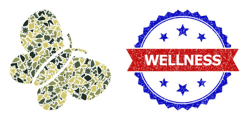 Military camouflage collage of butterfly icon, and bicolor unclean Wellness seal. Vector imprint with Wellness text inside red ribbon and blue rosette, unclean bicolored style.