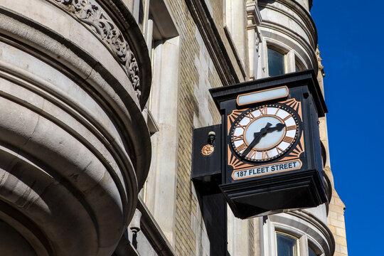 Ornate Clock at 187 Fleet Street in the City of London, UK