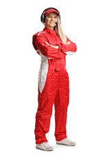 Female race team member in a red suit posing