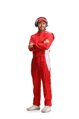 Full length shot of a race team member in a red suit posing