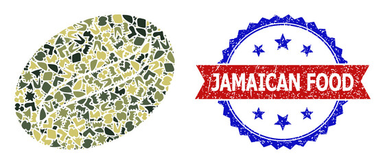 Military camouflage mosaic of coffee seed icon, and bicolor rubber Jamaican Food seal stamp. Vector seal with Jamaican Food text inside red ribbon and blue rosette, scratched bicolored style.