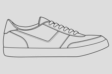 Shoes sneaker outline drawing vector, Sneakers drawn in a sketch style, black line sneaker trainers template outline, vector Illustration.
