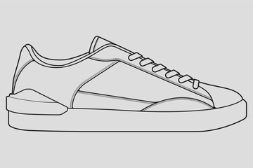 Shoes sneaker outline drawing vector, Sneakers drawn in a sketch style, black line sneaker trainers template outline, vector Illustration.
