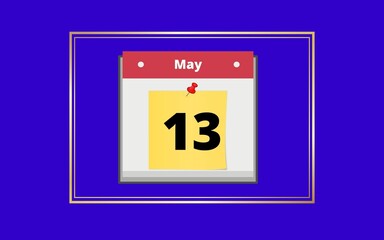 month of may day 13 calendar with blue and gold details, to remember celebration date.
