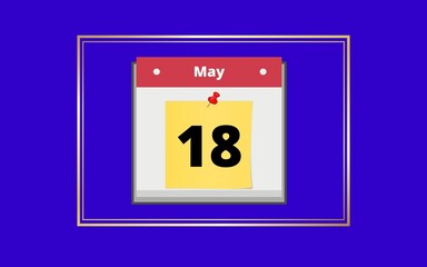 month of may day 18 calendar with blue and gold details, to remember celebration date.