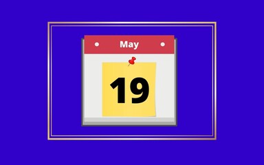 month of may day 19 calendar with blue and gold details, to remember celebration date.