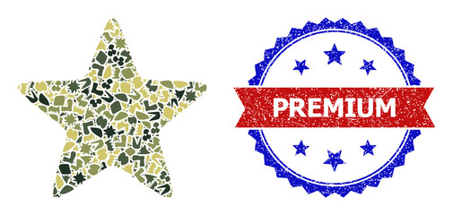 Military camouflage mosaic of red star icon, and bicolor scratched Premium seal. Vector seal with Premium title inside red ribbon and blue rosette, retro bicolored style.