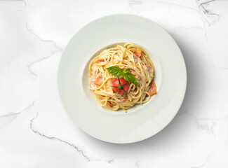 Pasta with tomatoes Ukrainian cuisine. Photo of food on a white background