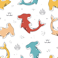 colored childish simple seamless pattern with sharks - obrazy, fototapety, plakaty
