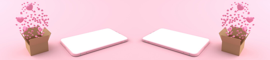 3D rendering of Smartphone white screen surrounded by cardboard box with Many hearts are floating. Concept of Heart and love on a mobile phone and concept valentine day isolated on pink background.