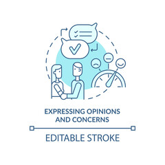 Expressing opinions and concerns turquoise concept icon. Positive relationships abstract idea thin line illustration. Isolated outline drawing. Editable stroke. Arial, Myriad Pro-Bold fonts used