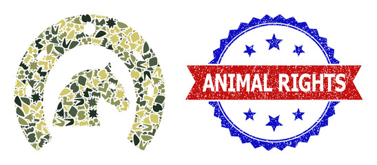 Military camouflage combination of horse farming icon, and bicolor scratched Animal Rights seal. Vector seal with Animal Rights title inside red ribbon and blue rosette, scratched bicolored style.