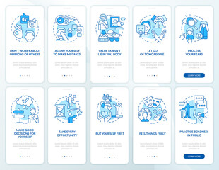 Practicing self love and care blue onboarding mobile app screen set. Walkthrough 5 steps graphic instructions pages with linear concepts. UI, UX, GUI template. Myriad Pro-Bold, Regular fonts used