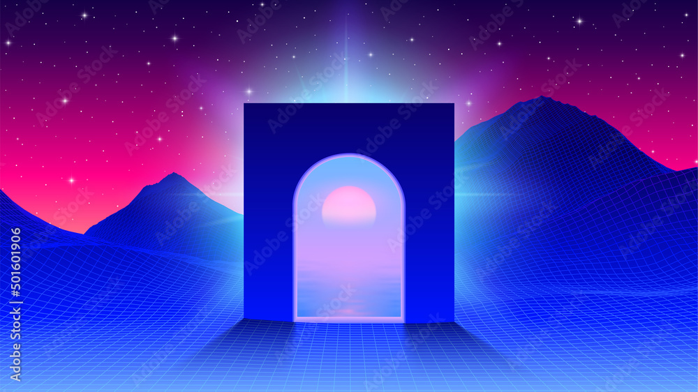 Aufkleber abstract synthwave scene with arch or gate to another world with vaporwave sunset. 80s gaming mounta