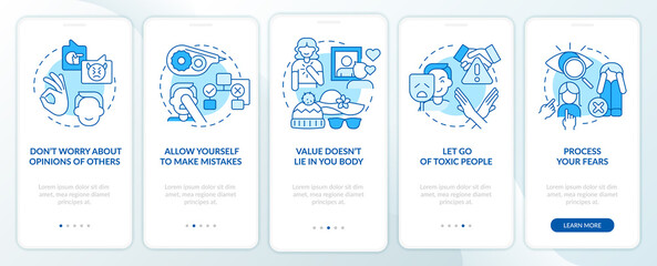 Fototapeta na wymiar Self-care strategies blue onboarding mobile app screen. Walkthrough 5 steps graphic instructions pages with linear concepts. UI, UX, GUI template. Myriad Pro-Bold, Regular fonts used