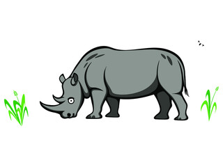 Happy cartoon rhino roaming among fresh grass