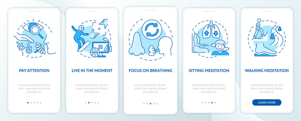 Fototapeta na wymiar Mindfulness techniques blue onboarding mobile app screen. Pay attention walkthrough 5 steps graphic instructions pages with linear concepts. UI, UX, GUI template. Myriad Pro-Bold, Regular fonts used