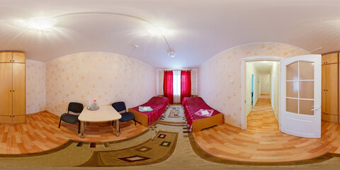seamless 360 panorama in interior of bedroom of cheap hostel,  flat or apartments with chairs and...