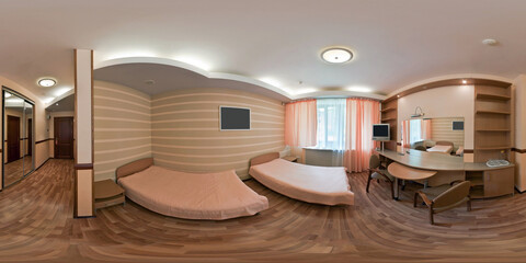 seamless 360 panorama in interior of bedroom of cheap hostel,  flat or apartments with chairs and...