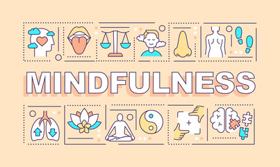 Mindfulness word concepts light peach banner. Meditation and yoga. Infographics with icons on color background. Isolated typography. Vector illustration with text. Arial-Black font used