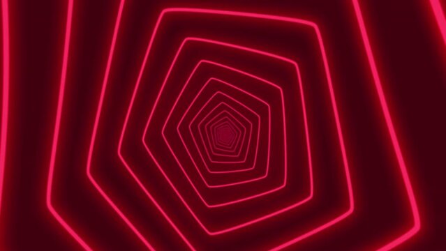 Abstract digital neon polygon shapes tunnel background. Futuristic sparkling animation pattern that moves forward of ruby red colors. Technology and cyber concept with copy space
