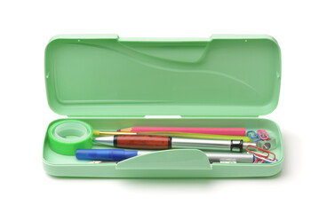 Open plastic pencil box with different supplies - Powered by Adobe