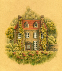 England old cottage with garden and flowers. Hand drawn colored pencils illustration.