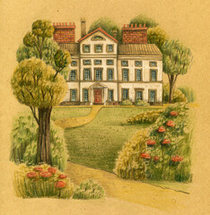 England old cottage with garden, trees and flowers. Hand drawn colored pencils illustration.