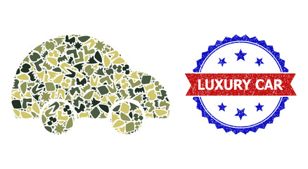Military camouflage mosaic of private car icon, and bicolor scratched Luxury Car stamp. Vector watermark with Luxury Car text inside red ribbon and blue rosette, corroded bicolored style.